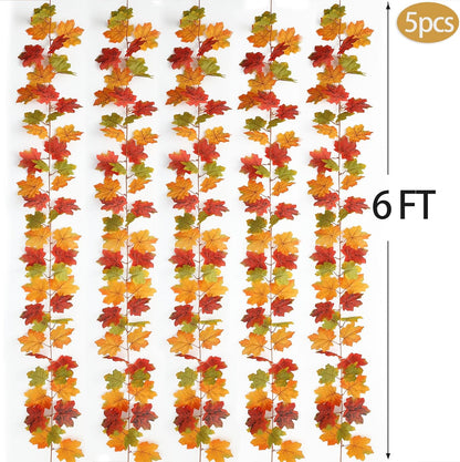 Mizii Fall Decor 5 Packs 390" Artificial Maples Vines Garland Fake Vine Fall Garland Silk Maple Leaves Faux Hanging Plants for Thanksgiving Porch Mantle Fireplace Farmhouse Harvest Decorations (Maple)