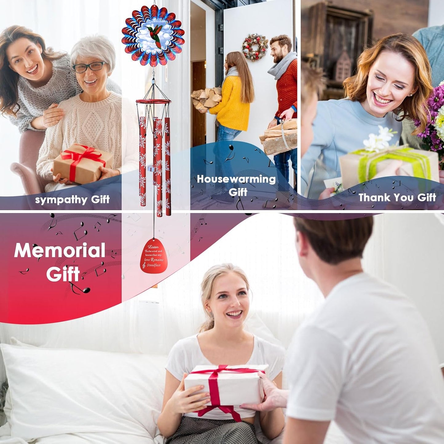 33" Memorial Sympathy Wind Chimes | Deep Tone Hummingbird Windchime with Animated Spinner, Waterproof Outdoor Garden Decor- Gift for Men/Women/Mom/Dad/Housewarming/Christmas