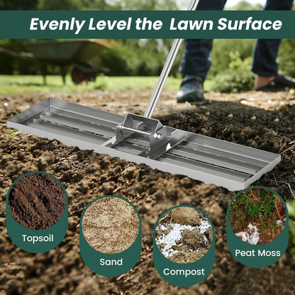 Goplus Lawn Leveling Rake, 36" x 10" Heavy Duty Level Lawn Tool w/ Ergonomic Handle for Soil, Effort-Saving Landscape Rake for Garden, Backyard, Golf Course, Farm, Pasture, Silver
