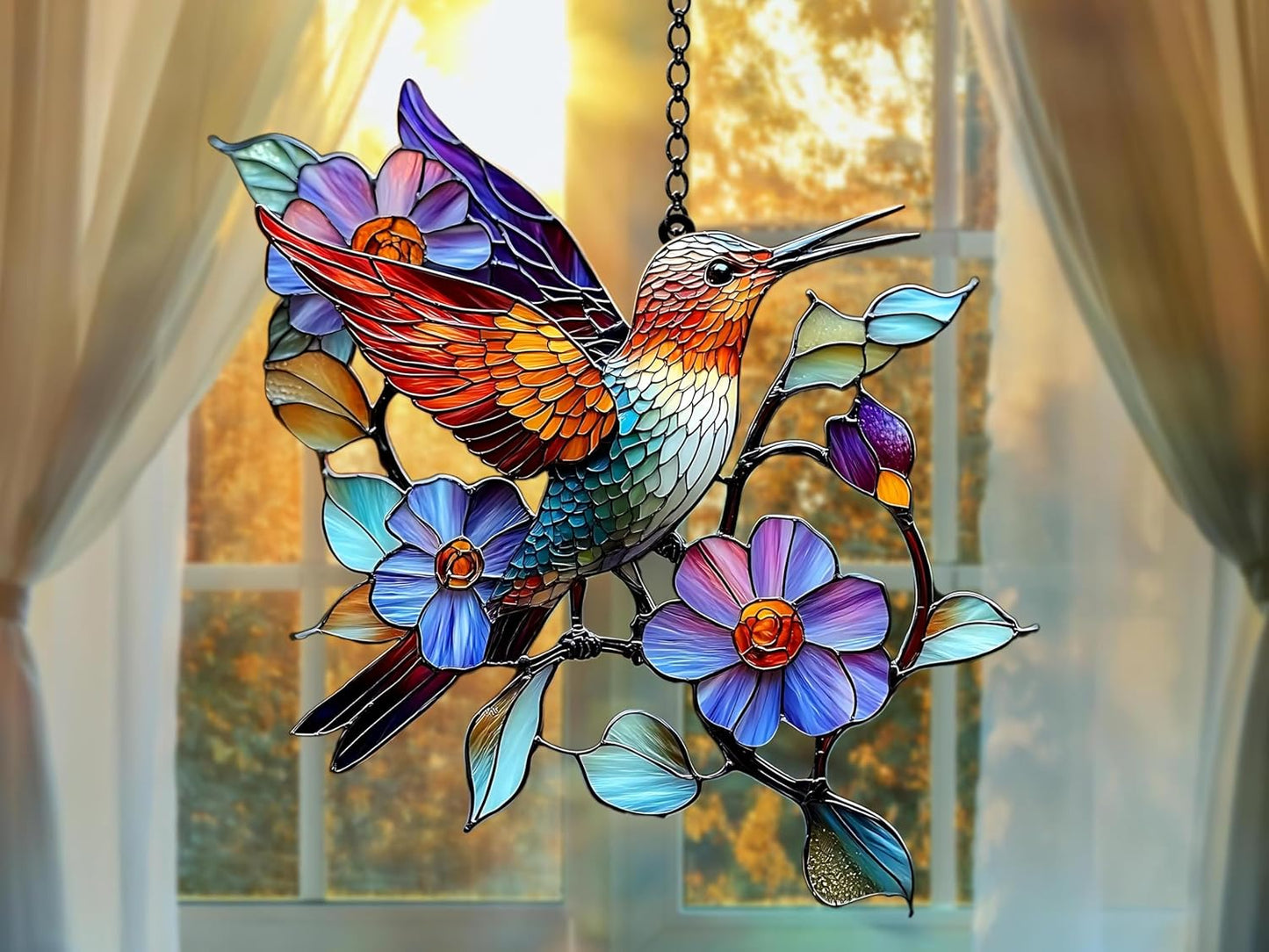 Hummingbird and Peony Acrylic Window Hanging Stained Style Ornament Beautiful Wall Art Suncatcher Gift for Women Home Decor Sun Catchers Indoor Windown Suncatchers Windows Holiday