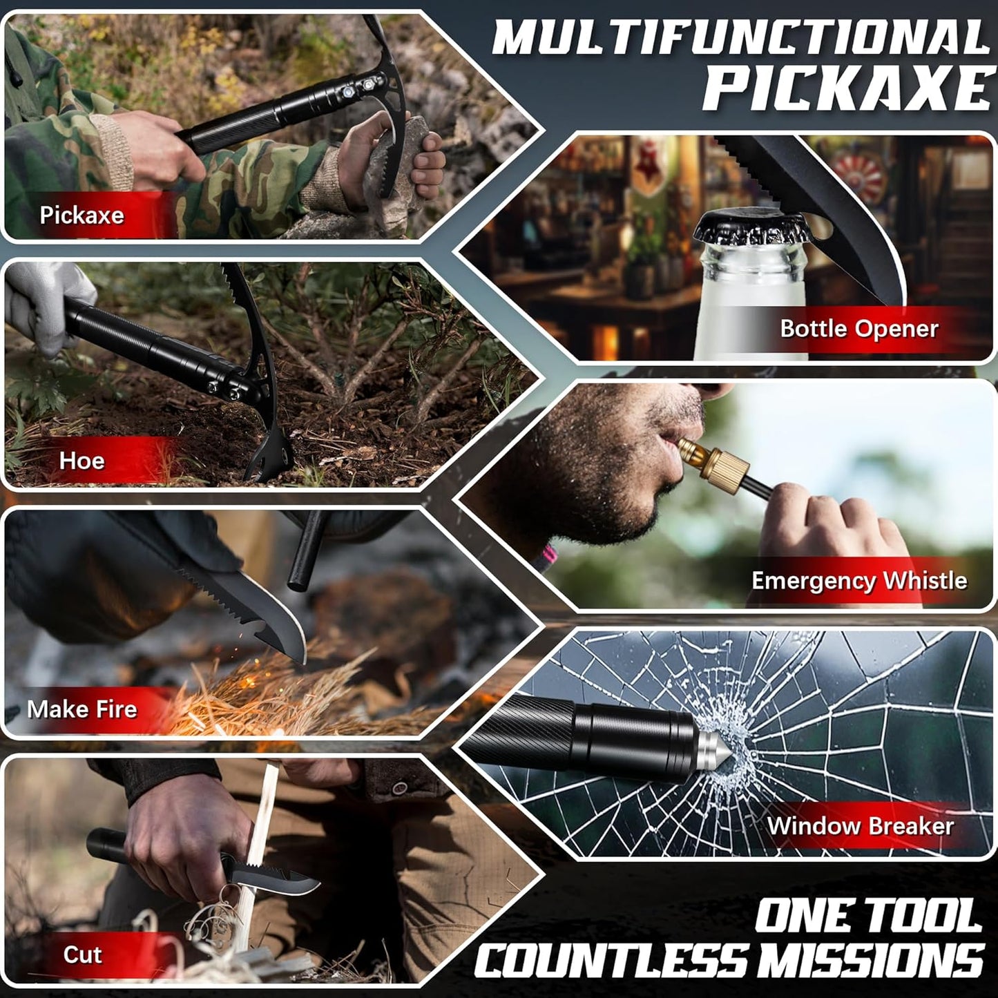 Pick Axe 8 in 1, Folding Pickaxe Mattock with Multi-Purpose Garden Hoe and Survival Knife, Stainless Steel Pick Axes for Digging, Ice Chipping and Weeding