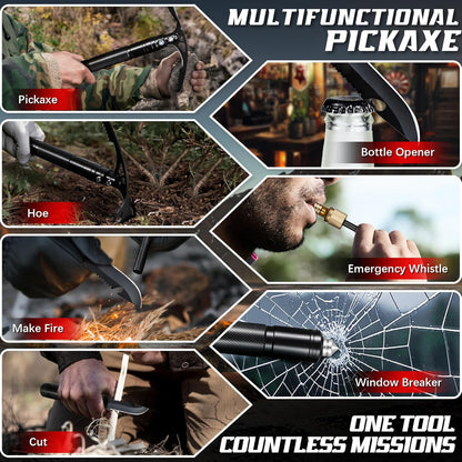 Pick Axe 8 in 1, Folding Pickaxe Mattock with Multi-Purpose Garden Hoe and Survival Knife, Stainless Steel Pick Axes for Digging, Ice Chipping and Weeding