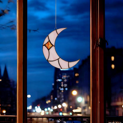 Moon Stained Glass Window Hanging Suncatchers，Handcrafted Art Glass Crescent Moon Decorations Indoor Window Gift for Women, Christmas,Thanksgiving (Pink)