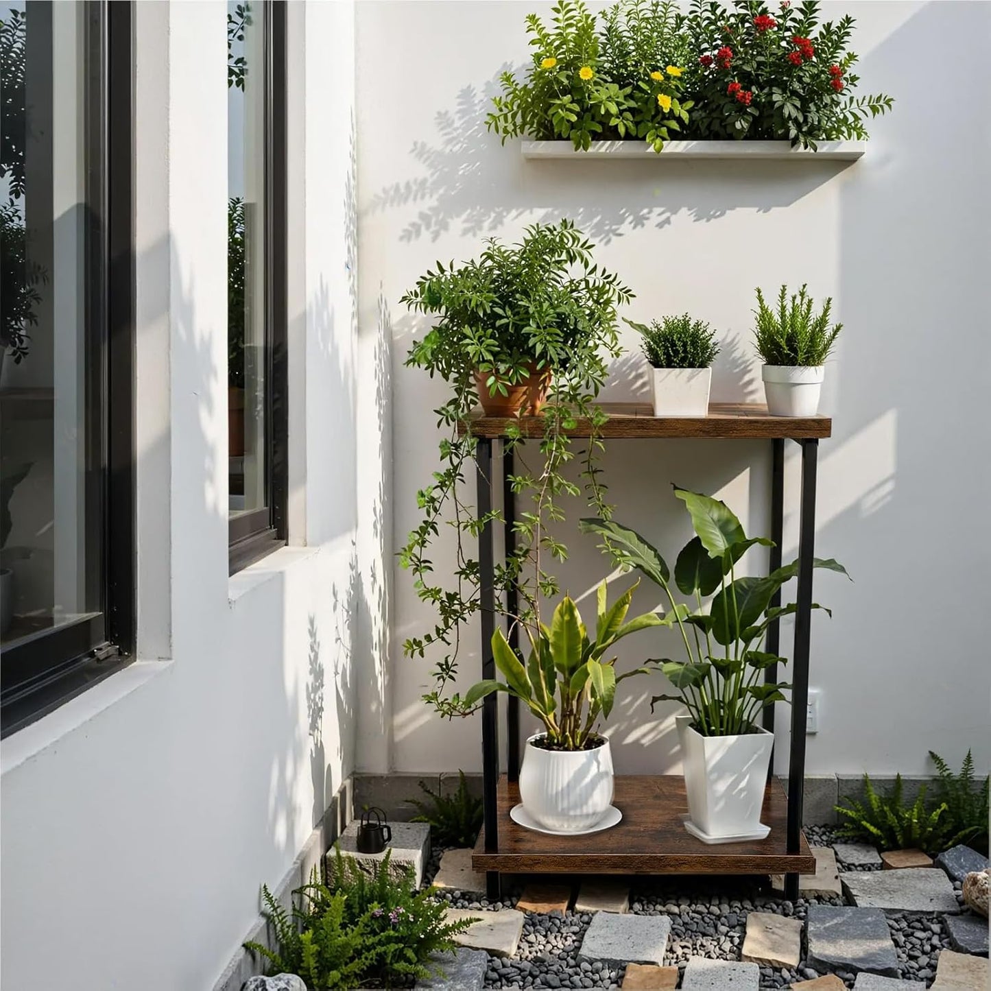 2 Tier Metal Sturdy Heavy Plant Stand, Narrow Plant Stand Indoor and Outdoor L19.68 x W11.81 x H27.55 inch， Capacity & Heavy Duty Construction