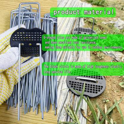 200Pcs Landscape Staples with 200 Gasket with 1Pick Hook, 6 Inch Heavy Duty Garden Stakes 11 Gauge U Shaped Galvanized Lawn Pins for Weed Barrier Fabric
