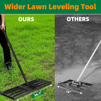 Lawn Leveling rake 34.1"x9.4" Levelawn Tool with 70.5" Adjustable Long Handle Heavy Duty Landscape Leveling Rake Lawn Leveler Yard Tool for Backyard, Golf Course, Garden, Pasture, Farm