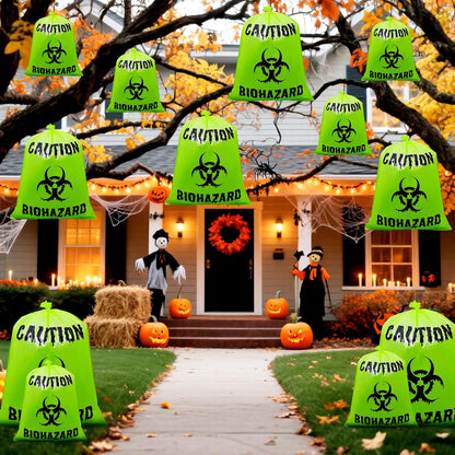 12 Pcs Large Halloween Leaf Bags Biohazard Halloween Decorations Halloween Trash Bags for Leaves Plastic Yard Lawn Waste Bag Scientist Biohazard Bag Outdoor Biohazard Zombie Party Decorations (Green)