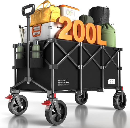 200L Collapsible Foldable Wagon, Large Heavy Duty Wagon Cart with 440lbs Weight Capacity, Folding