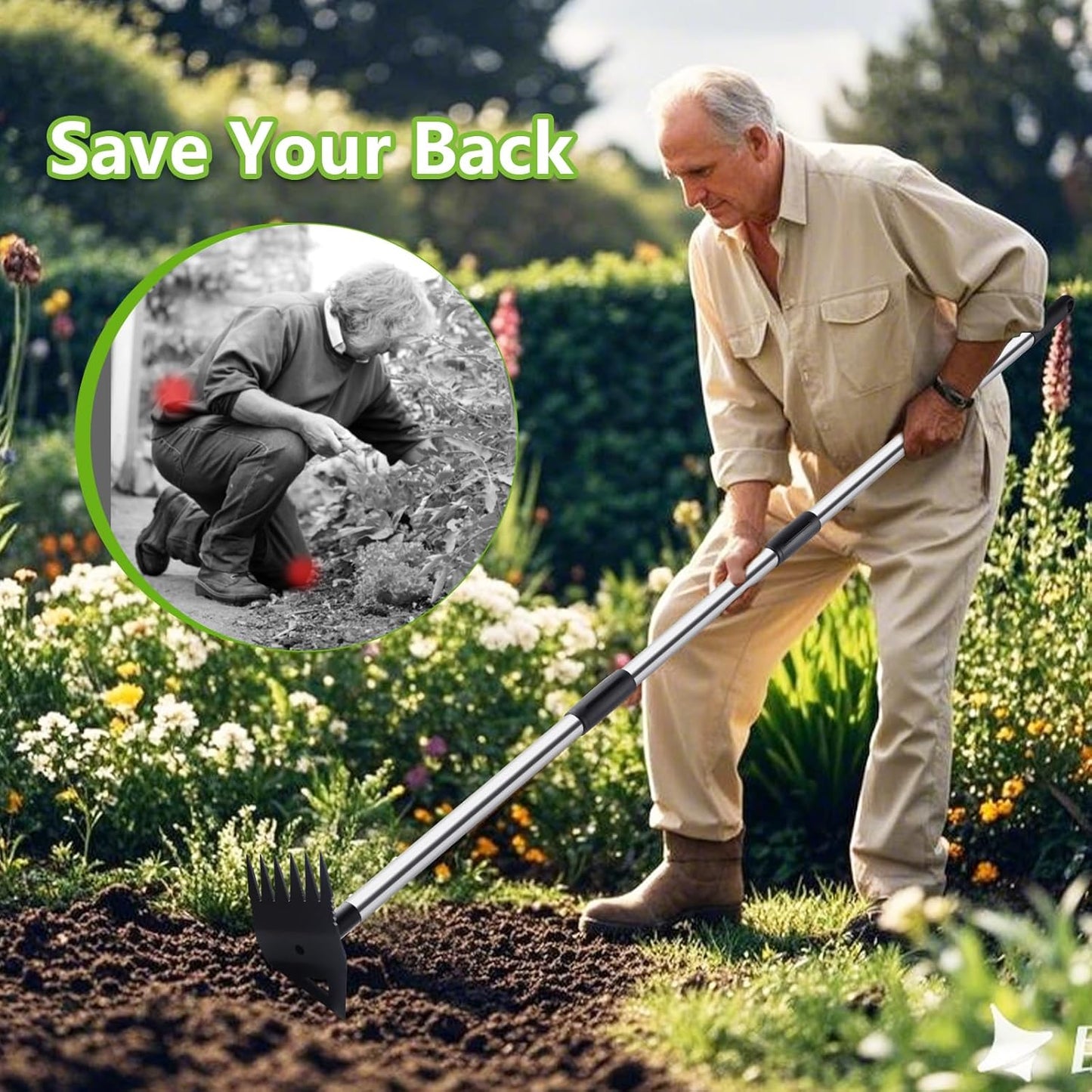 Weed Puller Tool with Long Handle, Hoe Garden Tool Weeding Rake Combo for Uprooting, Garden Hoe, Weed Remover Manual Hand Weeder for Yard Flower Bed