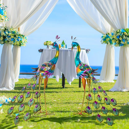 Peacock Garden Statues Metal Peacocks Sculptures for Outdoor Backyard Decor Patio Lawn Porch Yard Decoration (Pack of 2, Blue)