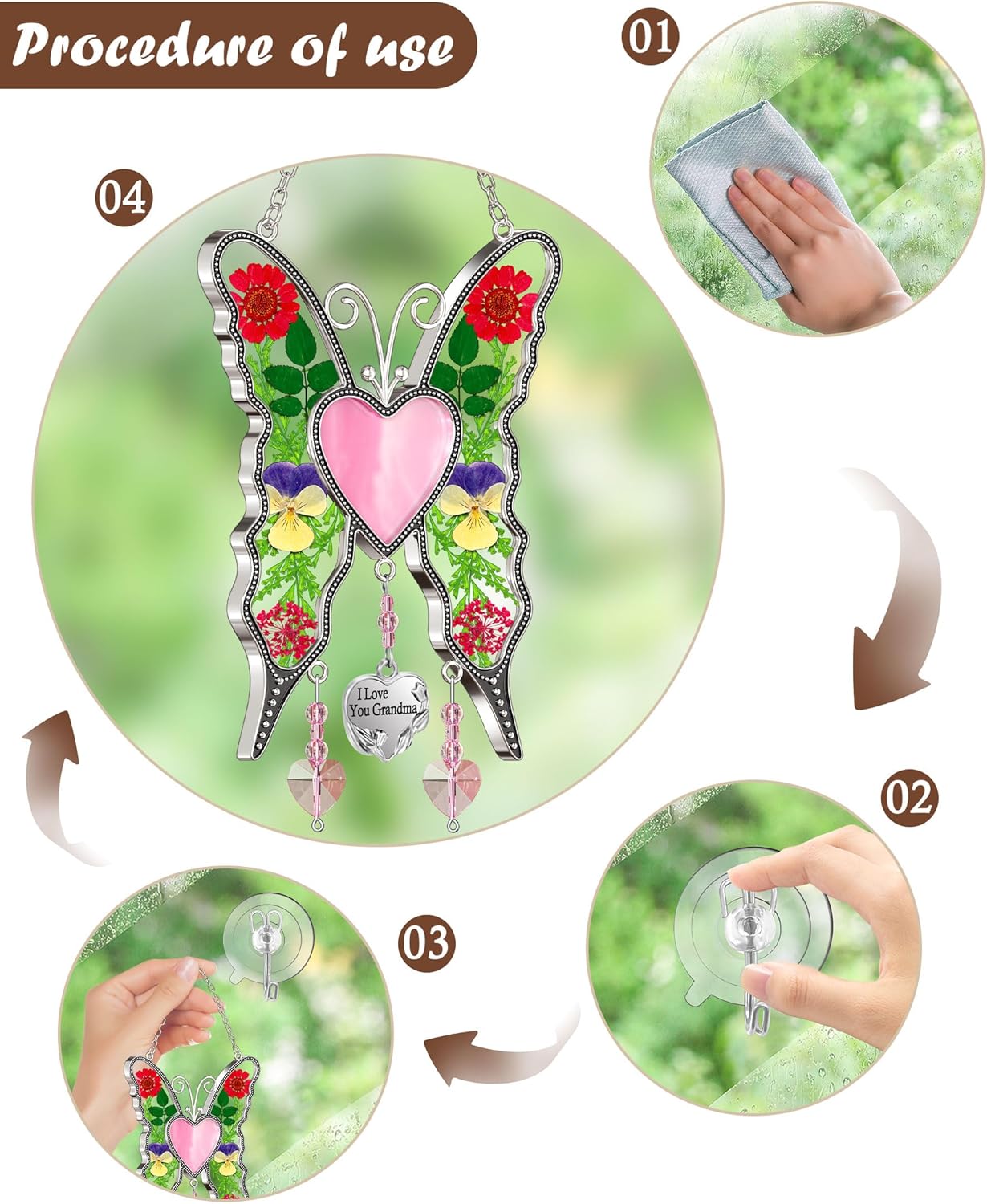 KY&BOSAM Heart Butterfly Suncatcher I Love You Grandma Stained Glass Panels Pink Heart for Windows Wind Chimes Metal Engraved Charm Gifts for Grandma Mothers Day Valentine's Birthday Christmas
