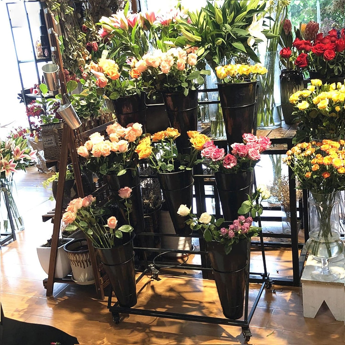 Flower Display Stand, 3-Layer Heavy-Duty Mobile Plant Cart shelve with Wheels, with Plastic Buckets, Easy to Install, Suitable for Indoor and Outdoor Balcony Courtyard Garden Art Exhibitions