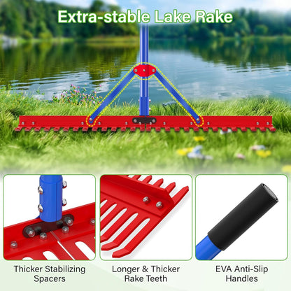 Lake Rake,Pond Rake Aquatic Weed Rakes,Large Heavy Duty Aluminum Aquatic Rakes with 7" Metal Tines 11FT Extension Handle,26FT Rope and Float for Removal of Weeds,Leaves(Patents Pending)