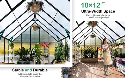 CDCASA 12x10x10 FT Greenhouse for Outdoors, Easy Assembly Large Aluminum Heavy Duty Polycarbonate Greenhouses Kit w/2 Windows, Swing Door, Outsides Walk-in Green House Sunroom for Backyard Garden