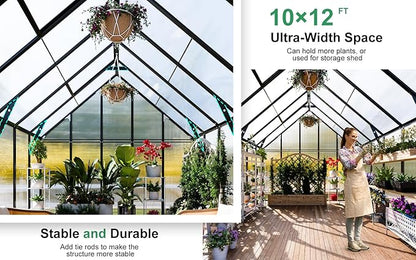 CDCASA 12.4x10.2x10 FT Greenhouse for Outdoors,Easy Assembly Large Polycarbonate Greenhouse Aluminum Heavy Duty Greenhouses w/2 Vents, Swing Door, Walk-in Green House for Patio, Backyard, Garden