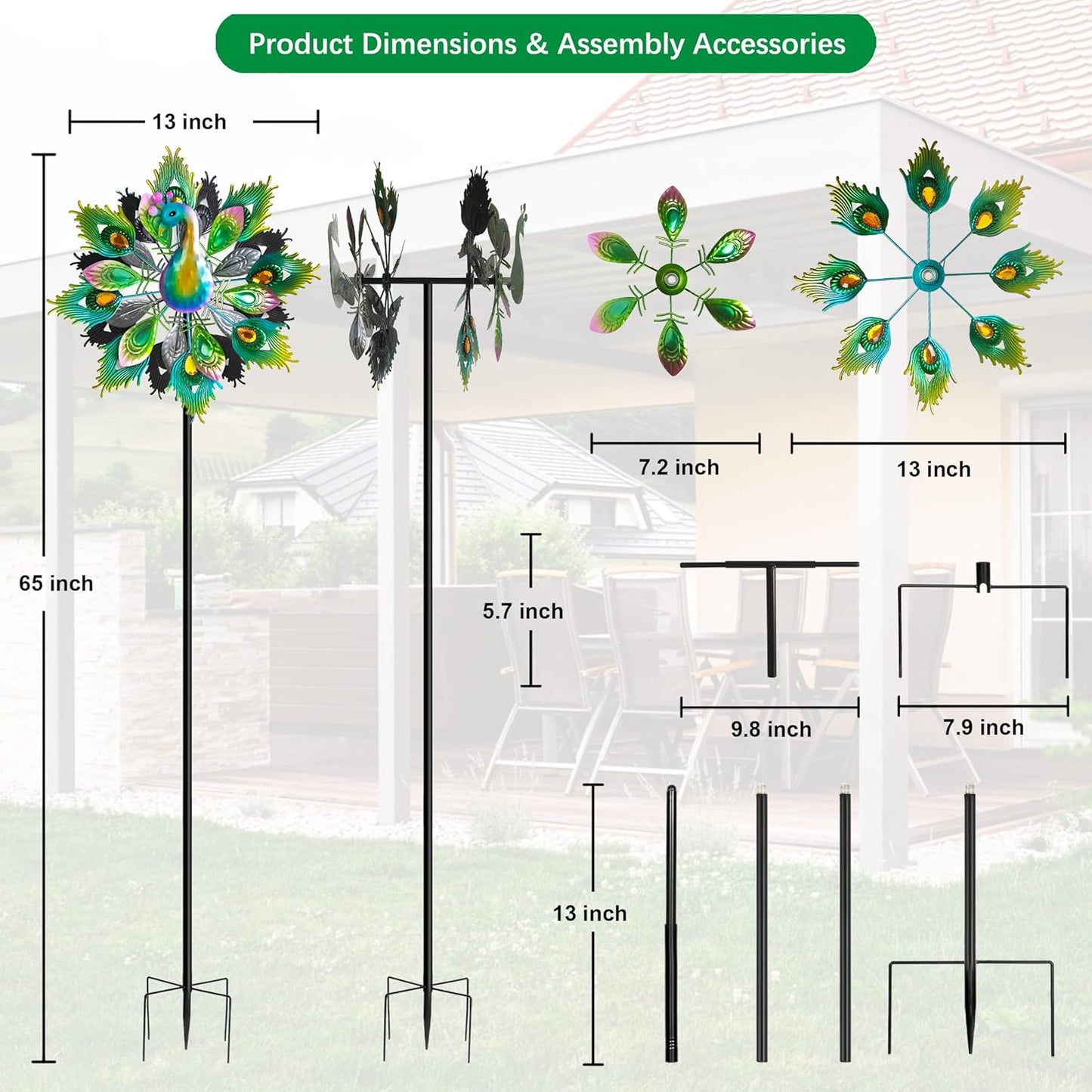 Outdoor Peacock Wind Spinners Featuring Glittering Gem Decor, 13.5" D x 65" H Double Layer Kinetic Wind Sculptures, 360° Rotatable Metal Garden Wind Spinners for Yard and Outdoor Decor Blue