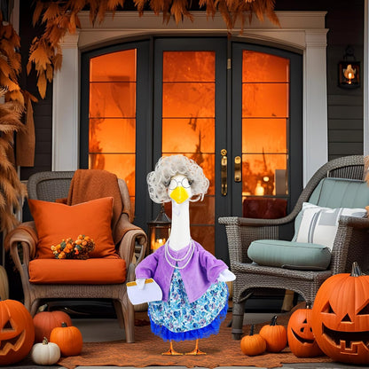 Abbylike Halloween Porch Goose Outfits Old Lady Goose Clothes with Sunglasses Pearl Necklace and Silver Wig for 23" Geese Halloween Outdoor Patio Yard Lawn Decoration