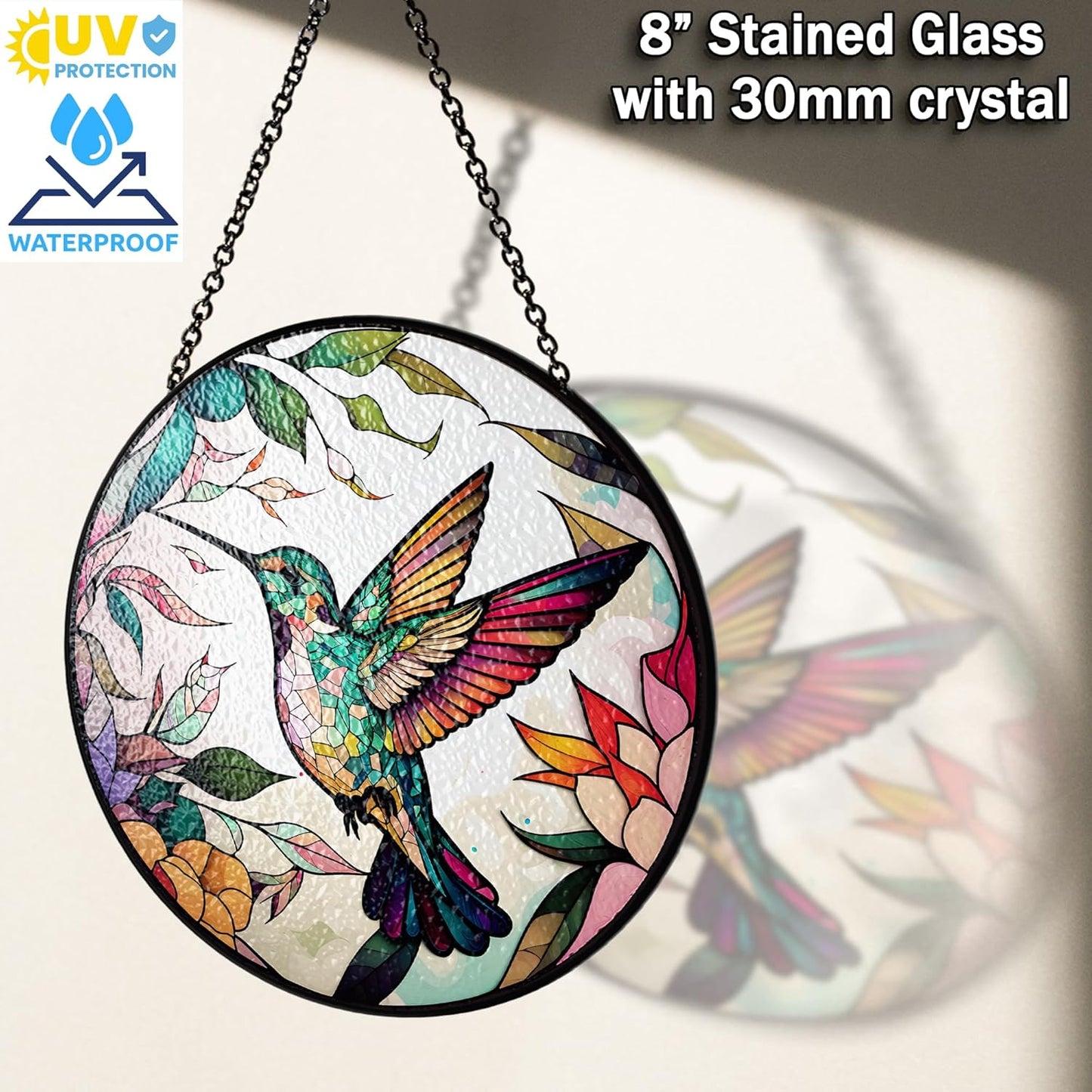 7.8" Hummingbird Stained Glass Suncatcher, Bird Suncatcher for Window Hanging, Art Decor for Home Garden Housewarming, Gift for Mom, Grandma, Women, Friend, Bird Lover P-SC-M114-SG8