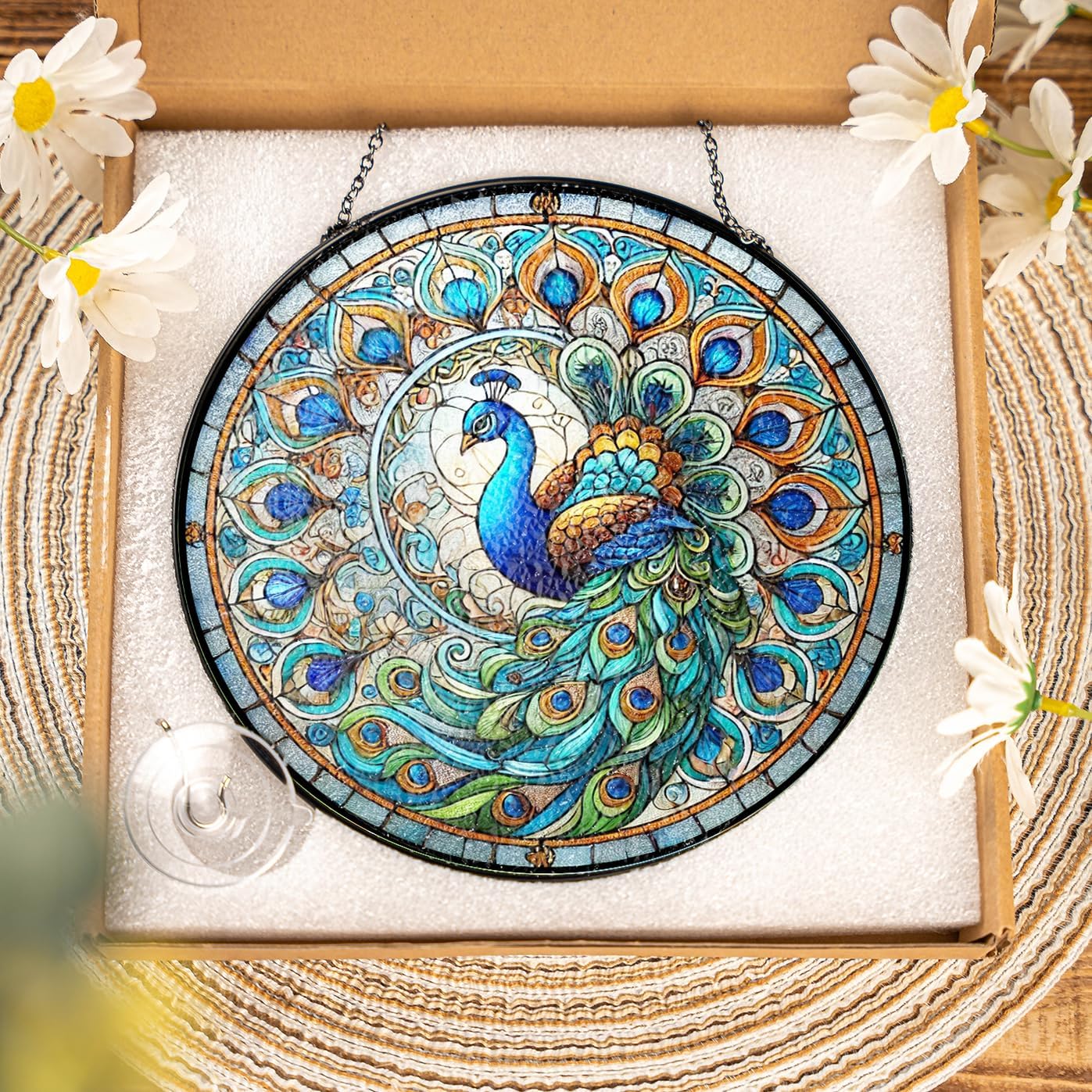 Personalized Peacock Stained Glass Suncatchers Wall Art Decor, Exotic Birds Sun Catcher Window Garden for Animal Peacock Lovers Women Mom Grandma, Painted Glass Panel Decor