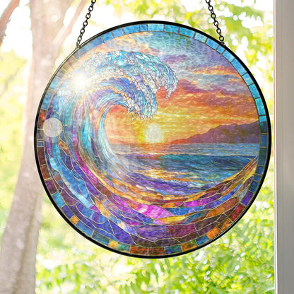 FLAGWIX Christmas Beach Gifts for Women Men - Stained Glass Window Hanging 10in for Holiday Christmas Decorations 2025 - Sun Catchers Indoor Window for Ocean Decor, Beach Decor, Boho Gifts for Women