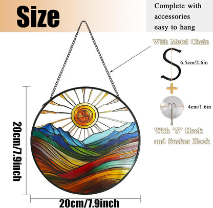 Sun Mountains Stained Glass Window Hanging, 7.9'' Sun Catchers Indoor Window Boho Wall Art Decor with Chain, Hand Painted Sun Catcher Gifts for Couples, Women