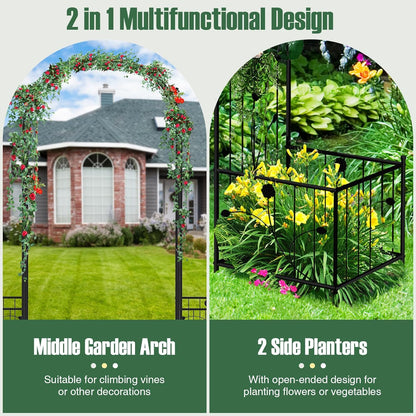 Happygrill Garden Arbor, 86" Metal Archway Pergola w/2 Side Planters, 8 Ground Stakes, Sturdy Metal Frame, Outdoor Arch Trellis for Climbing Plants, Wedding Ceremony, Garden Decoration