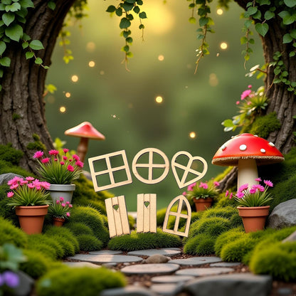 12Pcs Brown Wooden Fairy Garden Door,Blank Doors Fairy House Door and Windows Ornaments Tree Statues for Tree Trunk Yard Decoration Miniature Garden Buildings and Structures
