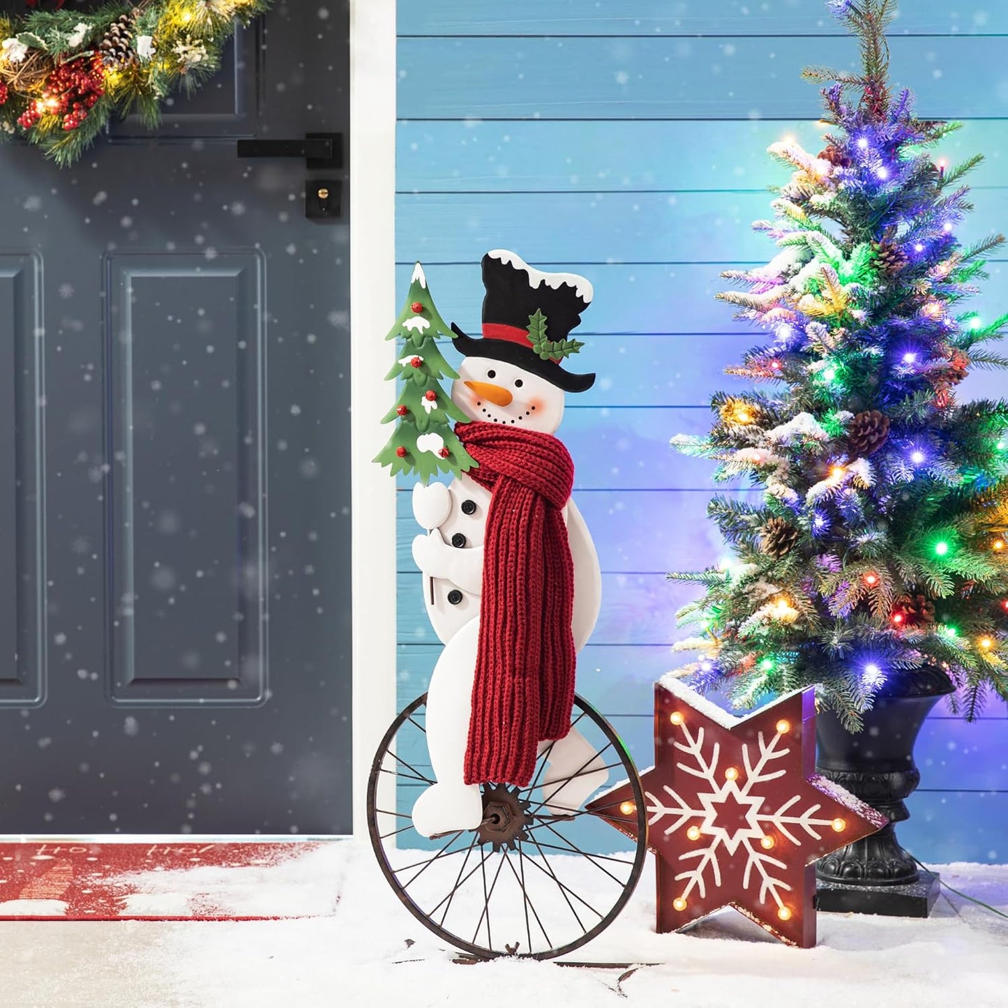 Glitzhome 32”H Metal Snowman Porch Décor Bike Wheel Cute Snowman with Red Scarf Hat Christmas Tree Garden Yard Porch Sign Indoor Outdoor Christmas Decorations