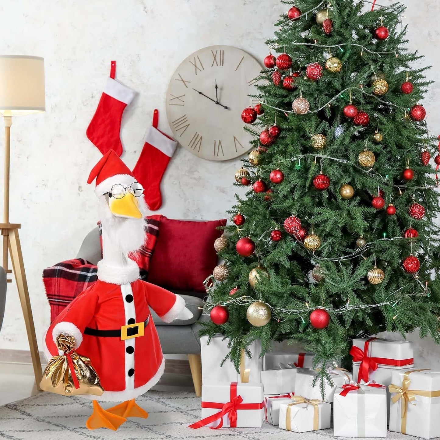 Christmas Santa Porch Goose Outfits Christmas Lawn Goose Clothes Fits 23" Cement Plastic Goose Statue for Xmas Outdoor Garden Yard Patio Statue Art Decoration