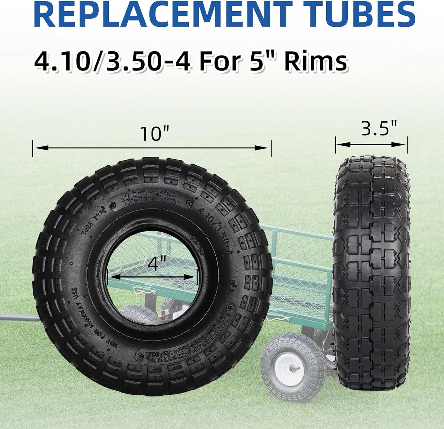 4.10/3.50-4 Replacement Tire and Inner Tube Set, 2 Pack, 10" Heavy Duty Tire and Tube, TR-13 Straight Valve Stem, for Hand Truck Trolley Dolly Garden Wagon Cart Wheel Replacement