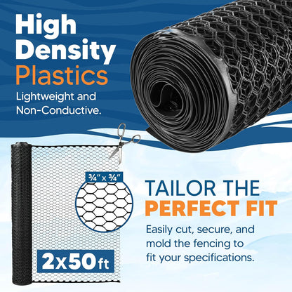 Plastic Hex Chicken Wire Mesh Garden Fence Roll (2' x 50' - Black) - Versatile Poultry Netting and Garden Fence for Temporary or Semi-Permanent Enclosures, Deer Fencing, and Construction Barriers