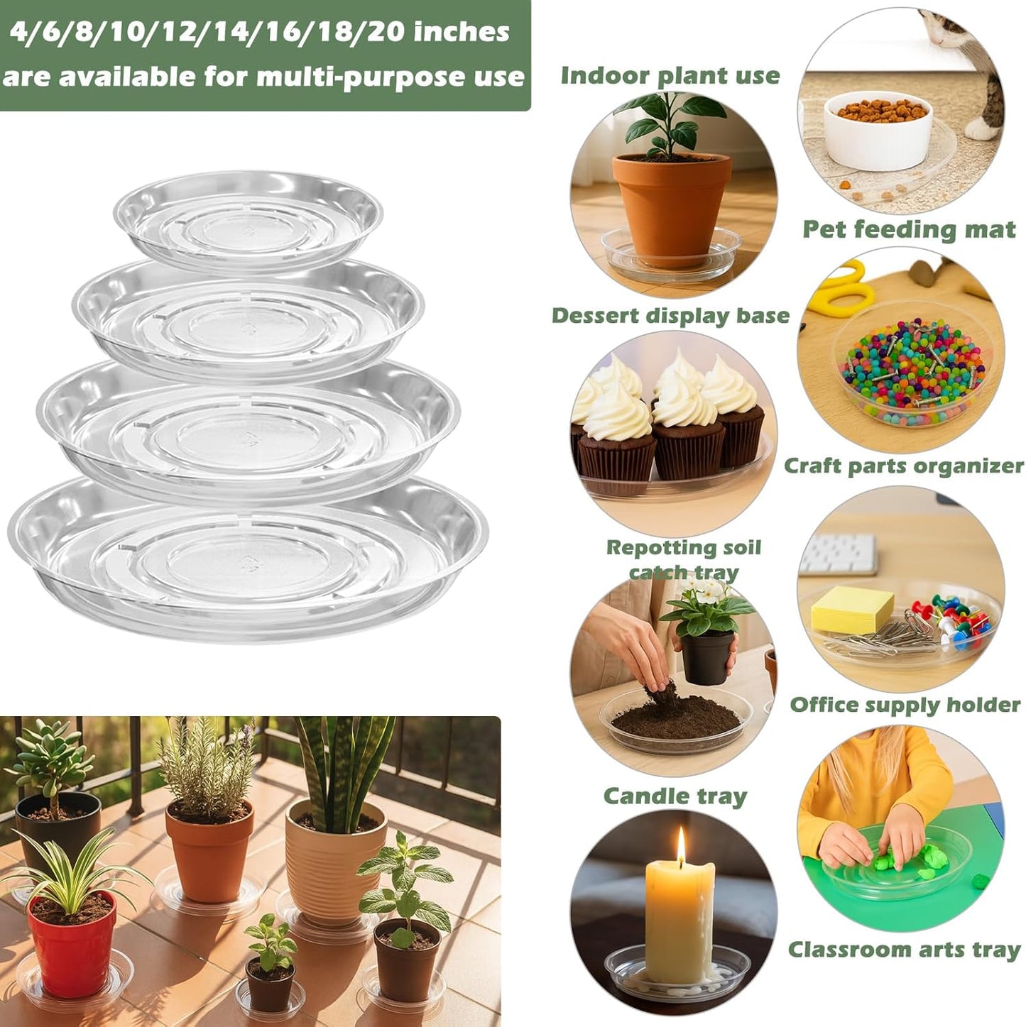 9 Packs 12 Inches Large Clear Plant Saucers for Indoor Outdoor Use Heavy Duty Plastic Plant Trays for Planter Flower Pot Drip Trays to Catch Water, 4 to 20 Inch, Round Transparent