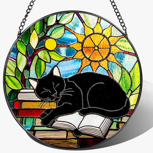 Stained Glass Window Hanging, 8 Inch Black Cat on Book Stained Glass Suncatcher, Window Decor