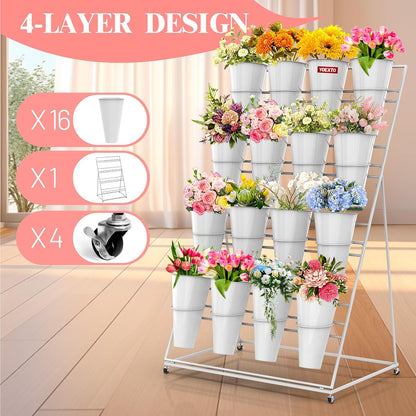 Flower Display Stand with Buckets, 4 Layers 16 PCS Buckets Plant Stand with Wheels, Movable Metal Plant Stand for Terrace Garden, Living Room, Florist Shop (White Frame - White Buckets, 4-Tier)