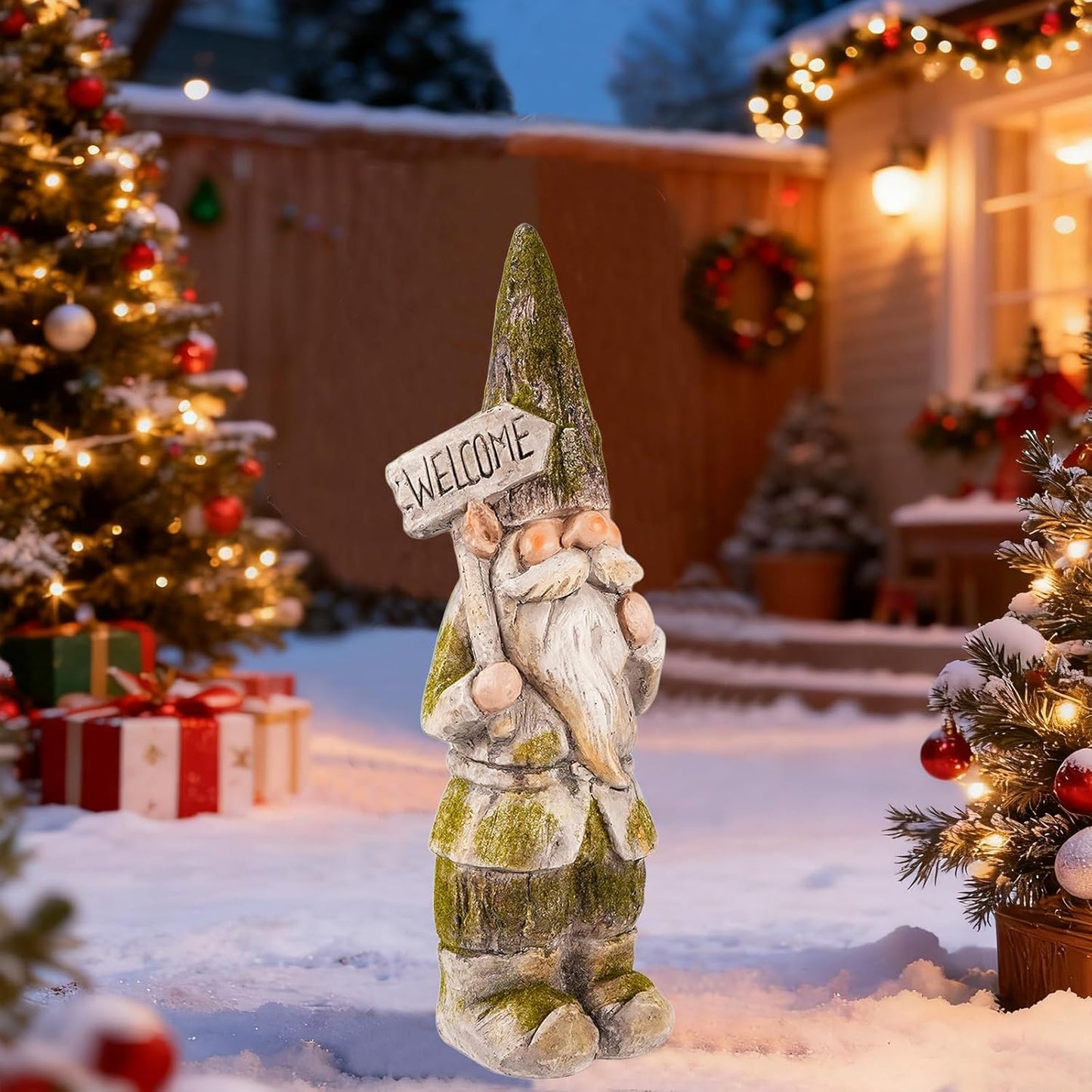 14”H Garden Gnomes Outdoor, Funny Porch Greeter Welcome Gnomes Decorations for Yard Patio Lawn, Resin Gnome Statues for Garden Decor, Unique Christmas Gnome Gift for Women