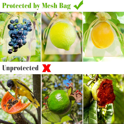 Morcheiong 60Pcs Fruit Protection Bags 8"" x 12"", Reusable Fruit Netting Bags for Fruit Trees, Garden Netting Mesh Bags with Drawstring (Yellow), M1076MCHYB