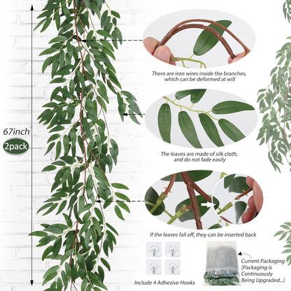 RECUTMS Artificial Willow Leaves Vine Twigs 2Pcs 5.7Ft Fake Hanging Ivy Plants Silk Green Leaf Rattan Garland Greenery Decor for Indoor Outdoor Home Wedding Arch Jungle Beach Birthday Party Garden