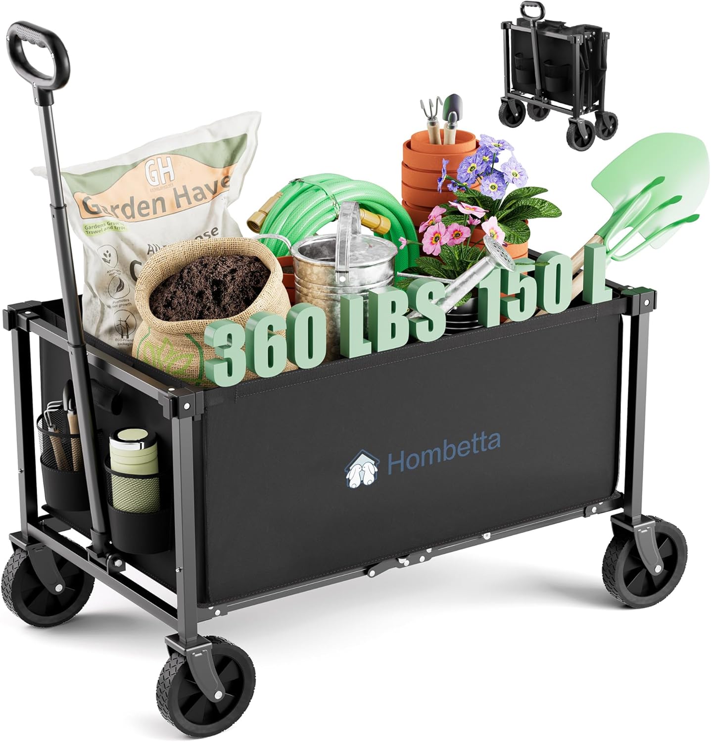 Collapsible Wagon Cart with Wheels, 150L Lightweight Foldable Utility Cart, Portable Rolling Wagon for Garden, Shopping, Sports, Camping, Transport, Black
