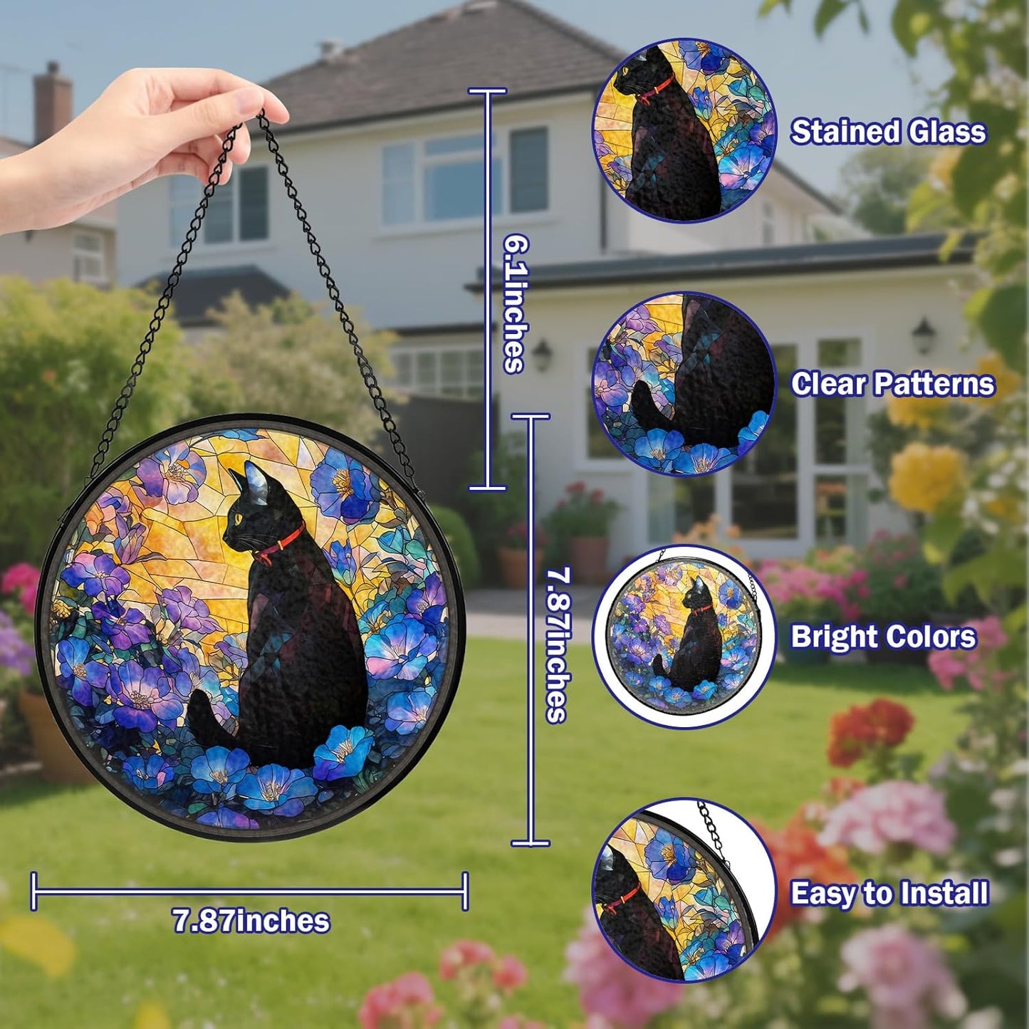 Cat Stained Glass Window Hanging, Flower Suncatcher Diamond Glass Panel Hangings, Sun Catchers Indoor Windows Wall Art, Gifts for Cat Lovers, Christmas Decor for Home Garden Office 7.87 inches