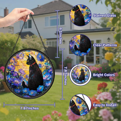 Cat Stained Glass Window Hanging, Flower Suncatcher Diamond Glass Panel Hangings, Sun Catchers Indoor Windows Wall Art, Gifts for Cat Lovers, Christmas Decor for Home Garden Office 7.87 inches