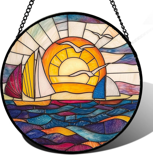 Stained Glass Window Hanging, Sailboat and Waves Suncatcher Diamond Glass Panel Hangings Sun