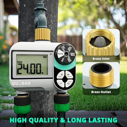 2 Zone Sprinkler Timer, Programmable Hose Timer with Brass Inlet & Outlet, Water Timer for Garden Hose with Rain Delay/Manual Watering/Automatic Irrigation Controller System for Yard, Lawn