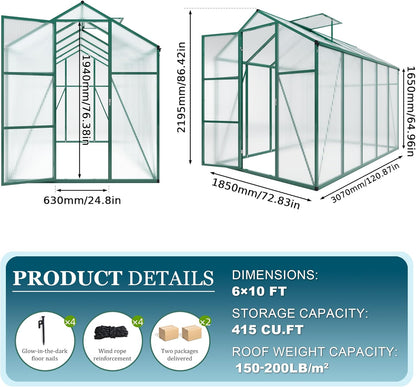 86in High 6*10.2FT Greenhouse for Outdoors, Polycarbonate Greenhouse with Stronger Wind Protection and Roof Vent, Walk-in Large Aluminum Sunroom Winter Proof, Green