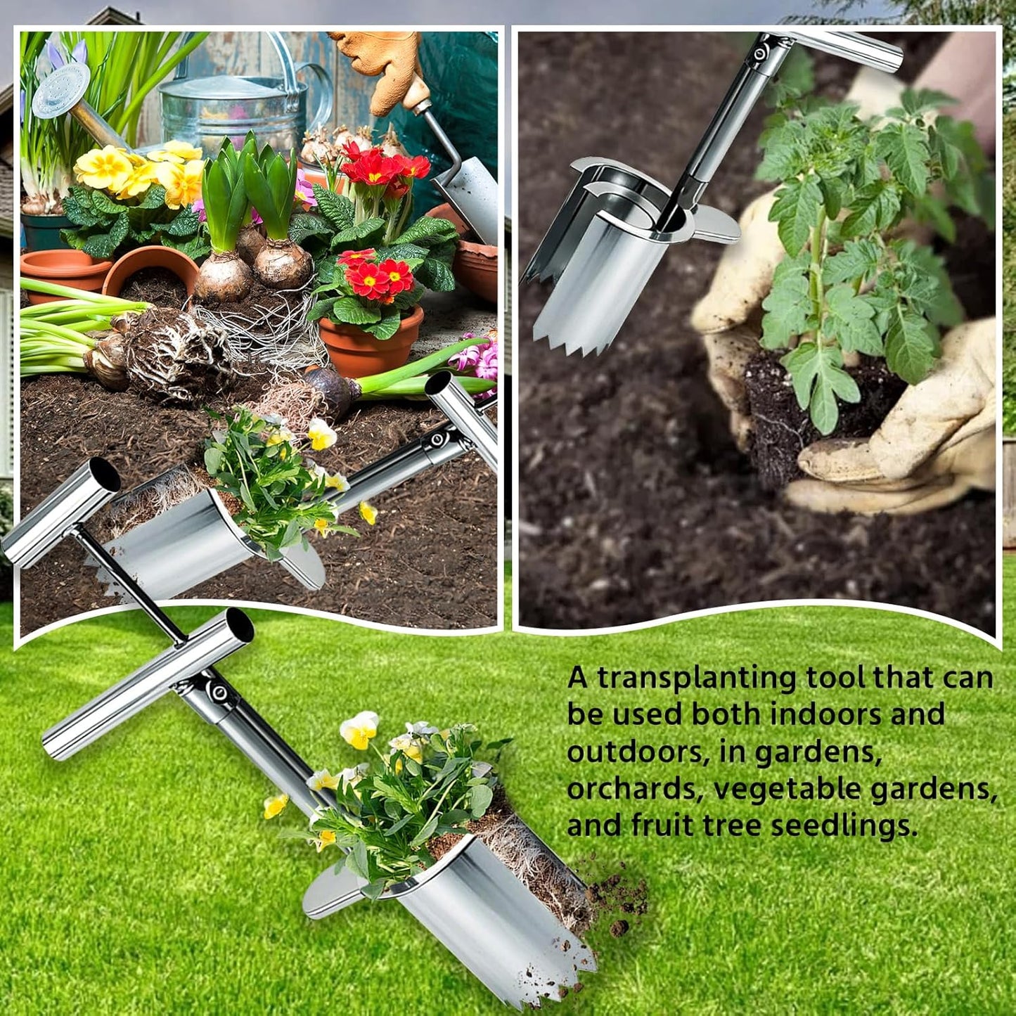 Bulb Planter Tool,new Stainless Steel plant seedling transplanter,Equipped with a foot pedal garden transplanter tool. Including plant support rods and twist ties,use for flowers fruit tree seedlings