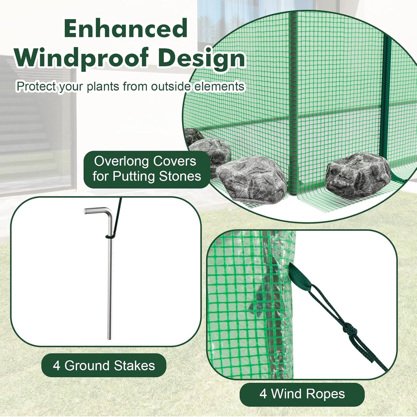Happygrill Mini Greenhouse, Walk-in Greenhouse w/PE Cover, 4 Wind Ropes & Ground Stakes, Roll-up Zipper Door, Double-Layer Screen Windows, Portable Small Greenhouses for Outdoors, 6.6 x 2.5 x 5.6 FT