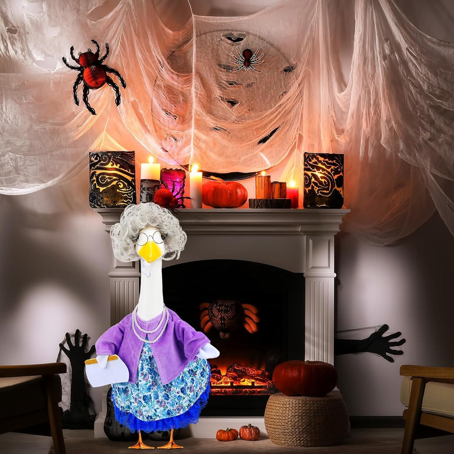 Abbylike Halloween Porch Goose Outfits Old Lady Goose Clothes with Sunglasses Pearl Necklace and Silver Wig for 23" Geese Halloween Outdoor Patio Yard Lawn Decoration