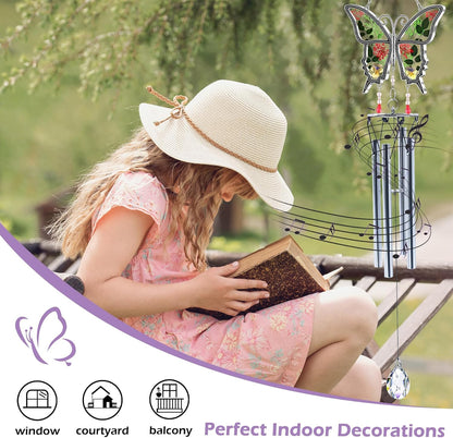 Butterflies Wind Chimes Glass Metal Real Flower and Multicolor 4 Tube Aluminum Windchime with S Hooks,Elegant Chime Outdoor, Garden,Balcony and Home Decoration with Wind Catcher Grandparent Day Gifts