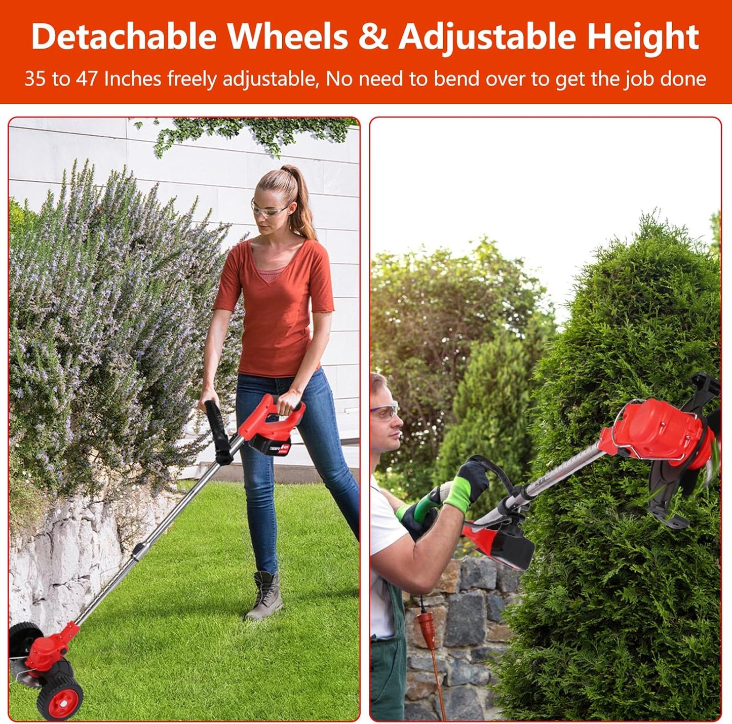 Cordless Weed Wacker, Battery Powered Weed Eater 3 in 1 Stringless Grass Trimmer with 3 Types Blades and 2Pcs 2.5 Ah Battery, Adjustable Length for Yard Lawns Garden (25 Blades, Wheels)