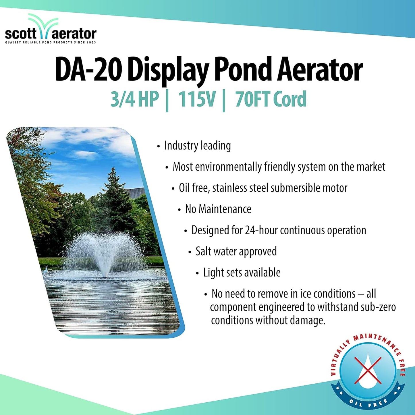 Scott Aerator DA-20 Display Pond Aerator - 3/4 Horse Power 115V 100ft Cord | Aerating Pond Fountain for Up to 1 Acre | Pond Aerator Pump for Small Ponds | Pond Aeration System