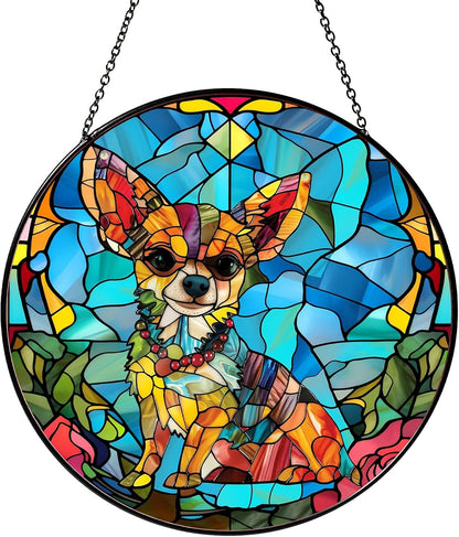 Chihuahua Stained Glass Window Hanging Chihuahua Sun Catcher Decor Dog Lover Gifts for Women Suncatchers for Garden Home Windows Hanging Decoration, 7.87inch